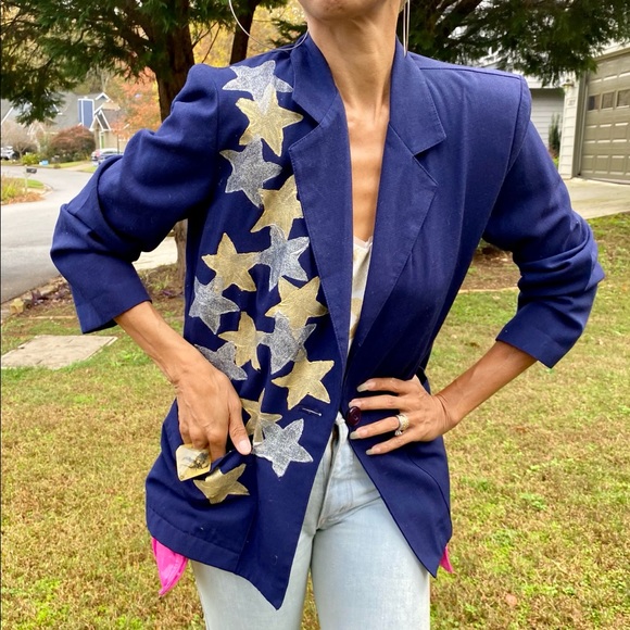 OOAK handpainted stars navy blazer 80s jacket M - Picture 5 of 5